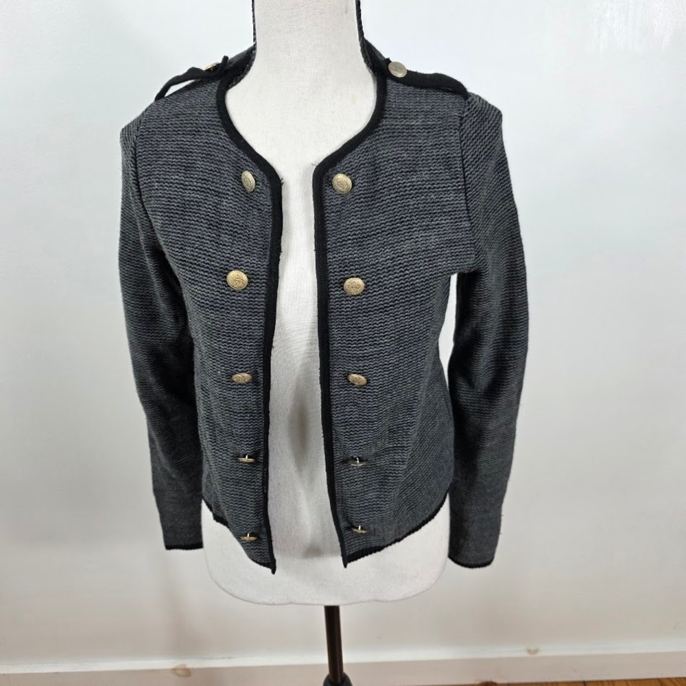 Stradivarius Womens‎ Military Knit Jacket Gray Gold Crest Button Blazer Small